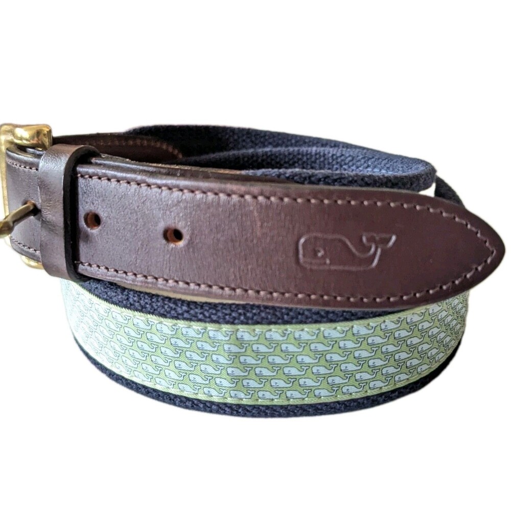 Vineyard Vines Men’s 32 Light Green Whale Print Blue Belt Brown Leather Brass